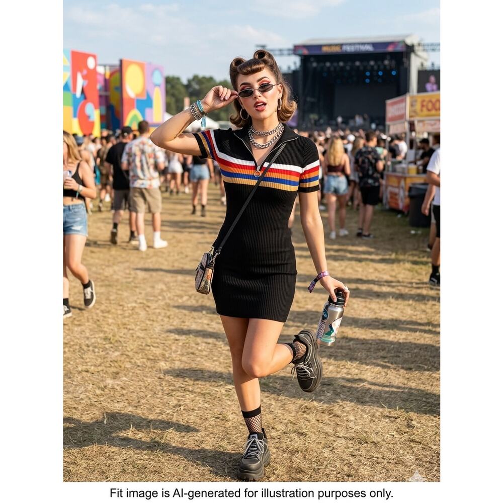 Crave Fame Rainbow Stripe Ribbed Zip Neck Bodycon Mini Dress Retro 90s XS